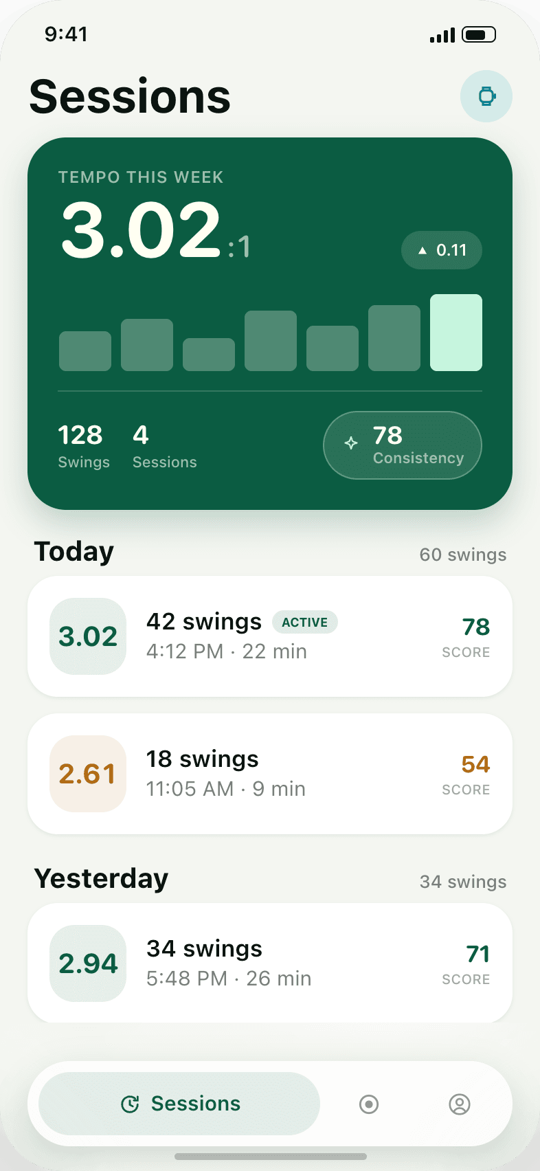 AirSwing session history on iPhone